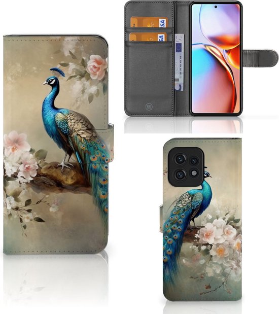Coque de téléphone avec cartes adaptée au Motorola Edge 40 Pro Vintage Peacocks