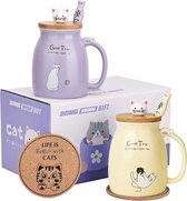 Lot de 2 tasses à thé en forme de chat mignon, tasse à café en céramique avec couvercle Kawaii, tasses mignonnes pour les amoureux des chats, 500 ml, cadeau de Noël, d'anniversaire, de chat (violet et jaune)