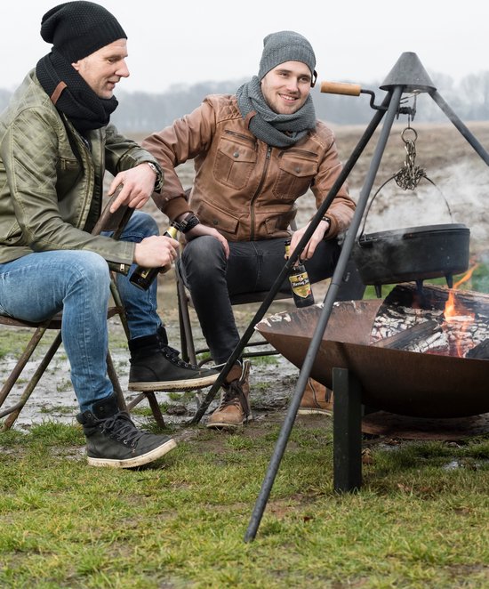 Twee mannen met winterkleding en mutsen, zittend bij een kampvuur.