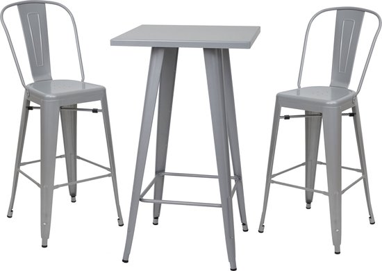 Set hoge tafel + 2x barkruk MCW-A73, barkruk bartafel, metalen industrieel ontwerp ~ grijs
