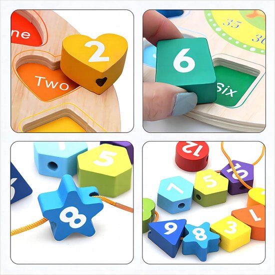 Femur Houten Speelgoed Klok – Puzzel - Educatief Speelgoed – Montessori Speelgoed – Leren Klokkijken – Leren Tellen – Kralenkoord – Engels Talig – Motoriek – Sensorisch – Speelblokjes - FEMUR