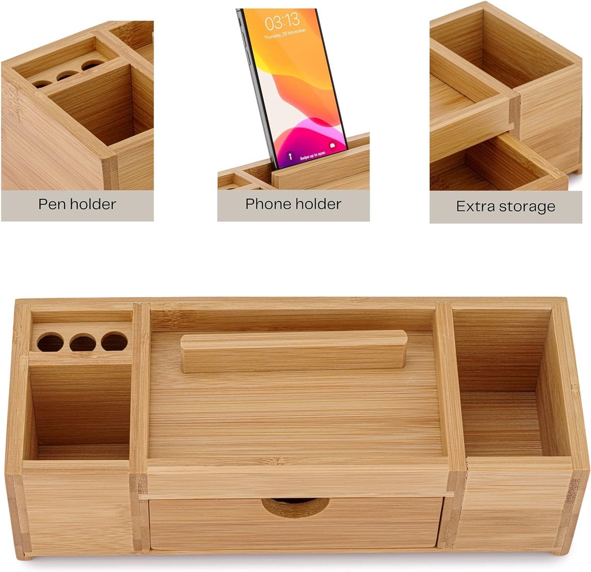 TROEX Bamboe bureau-organizer - duurzame houten bureauorganizer met laden, opbergvakken, pennenhouder en telefoonhouder - bureauorganizers en accessoires voor thuis en op kantoor