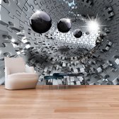 Fotobehangkoning - Behang - Vliesbehang - Fotobehang - Puzzle - Tunnel - Zilveren 3D Puzzel Tunnel - 100 x 70 cm