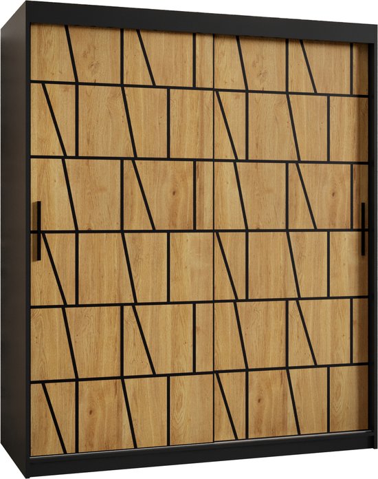 Zweefdeurkast Kledingkast met 2 schuifdeuren Garderobekast slaapkamerkast Kledingstang met planken (LxHxP): 150x200x62 cm - LIMOS I (Zwart en geometrische patronen, 150) met lades