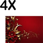 BWK Textiele Placemat - Diep Rode Achtergrond met Rode en Gouden Bloemen - Set van 4 Placemats - 40x30 cm - Polyester Stof - Afneembaar