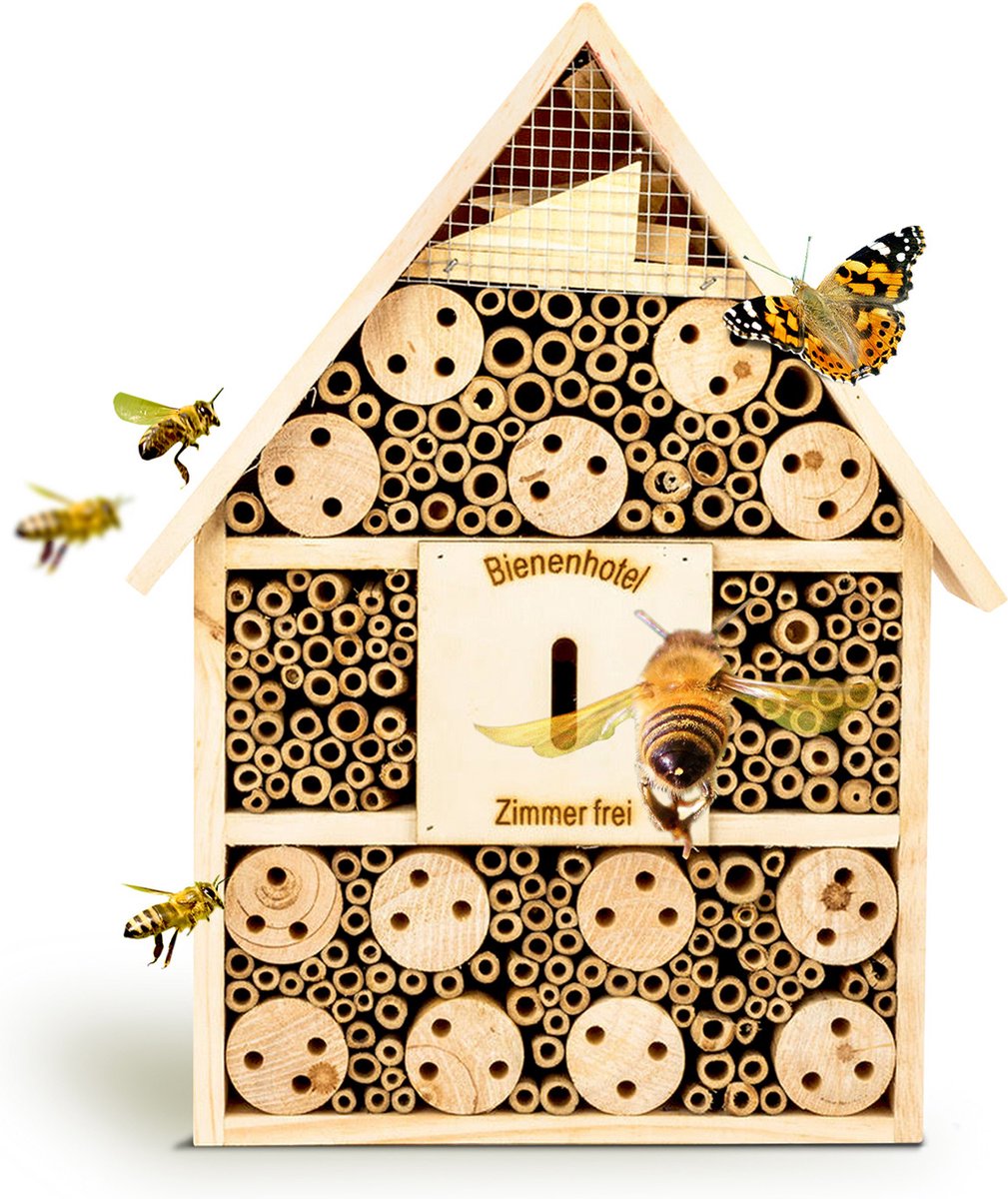 Insectenhotel met puntdak ophangsysteem hele jaar bewoonbaar hout - Blumfeldt