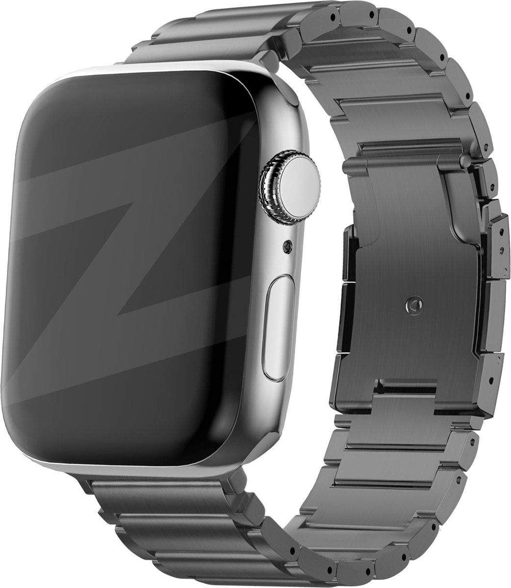 Bandz titanium schakel band geschikt voor Apple Watch 1/2/3/ 4/5/6/8/9/SE/Ultra (2) - maat: 44mm / 45mm / 46mm / 49mm - Hoogwaardig titanium materiaal - Gemakkelijk in te korten met de meegeleverde toolkit - grafiet titanium Apple Watch bandje