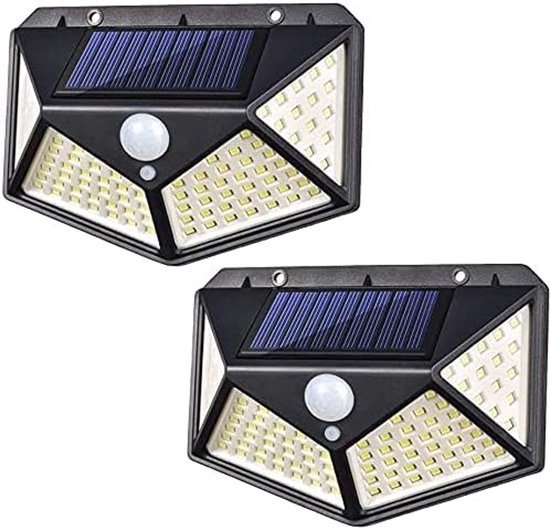 Twee zwarte sensorlampen met zonnepanelen en veel LED's.
