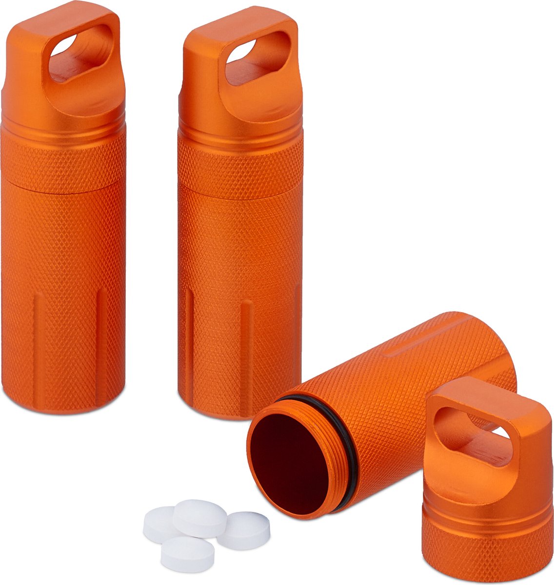Relaxdays pillenkoker set van 3 - waterdichte capsule - reis pillendoosje - sleutelhanger - Oranje