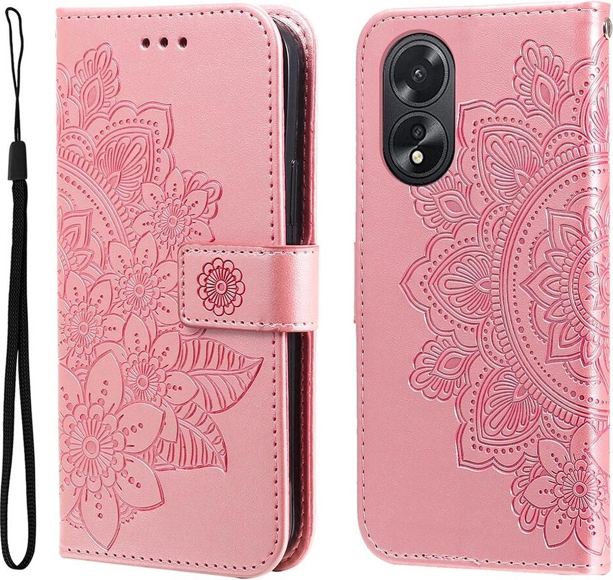 Oppo A18 / A38 Hoesje Mandala Bloemen Wallet Book Case Kunstleer Roze
