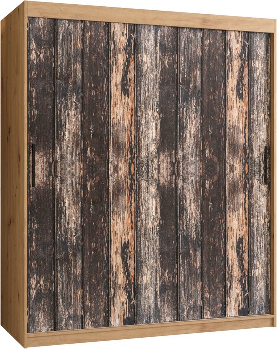 Zweefdeurkast Kledingkast met 2 schuifdeuren Garderobekast slaapkamerkast Kledingstang met planken (LxHxP): 150x200x62 cm - PASTEUR I (Artisan + oud houtpatroon, 150)