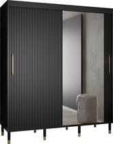 Zweefdeurkast met spiegel Kledingkast met 2 schuifdeuren Garderobekast slaapkamerkast Kledingstang met planken | elegante kledingkast, glamoureuze stijl (LxHxP): 180x208x62 cm - CAPS S2 (Zwart, 180 cm)