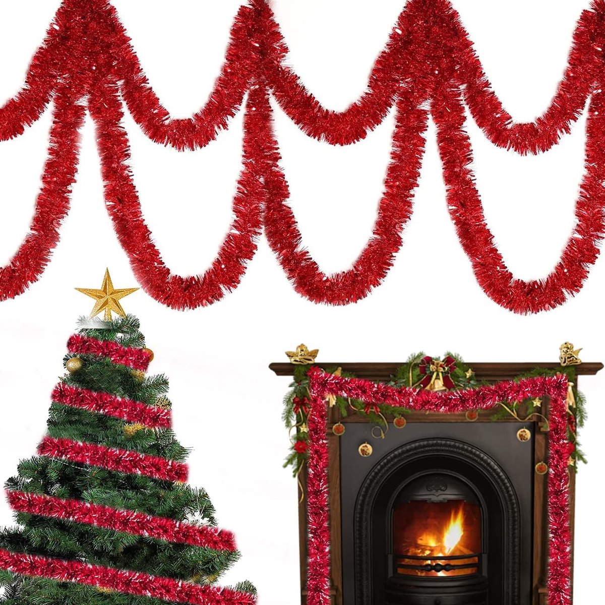 12 m kerstboom lamettaslinger, kerstboom slinger, zilver, lamettaslinger, kerstboom decoratie lametta, kerstboom decoratie slinger (rood)