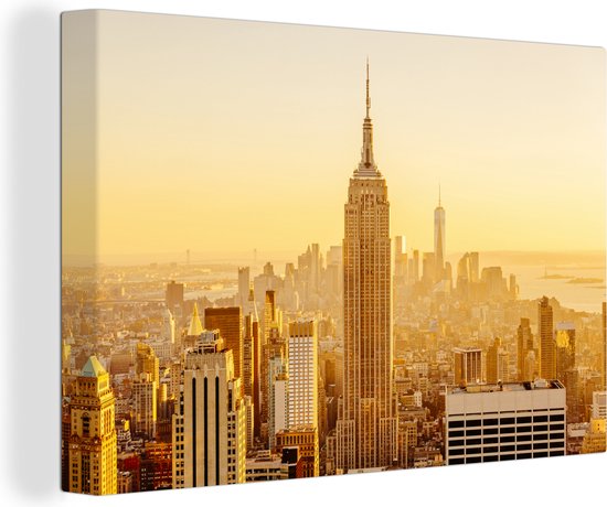 Canvas schilderij 180x120 cm - Wanddecoratie Gouden zonsondergang bij het Empire State Building in New York - Muurdecoratie woonkamer - Slaapkamer decoratie - Kamer accessoires - Schilderijen