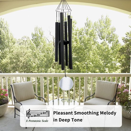 Astarin Memorial windgong voor buiten diepe toon, windgong outdoor sympathie windgong gepersonaliseerd met 6 afgestemde buizen, elegante gong voor tuin, terras, balkon en huis, matzwart