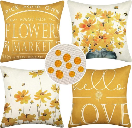 Outdoor Cushion Cover, Waterproof Decorative Cushion Covers, Bee Yellow Flowers and Vase, Sofa Cushion, Decorative Cushion for Garden, Sofa, Couch, Living Room, Set of 4 Cushion Covers, 50 x 50 cm,