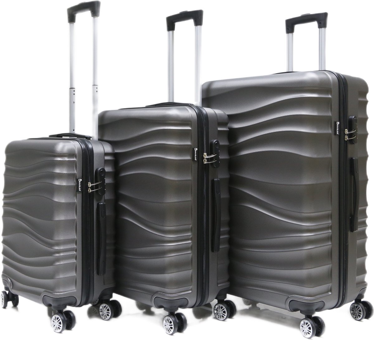 Kofferset Traveleo Babij - 3-delig - met cijferslot - Complete Set - Koffer - Handbagage 35L + 65L en 90L Ruimbagage - ABS04 - Grijs