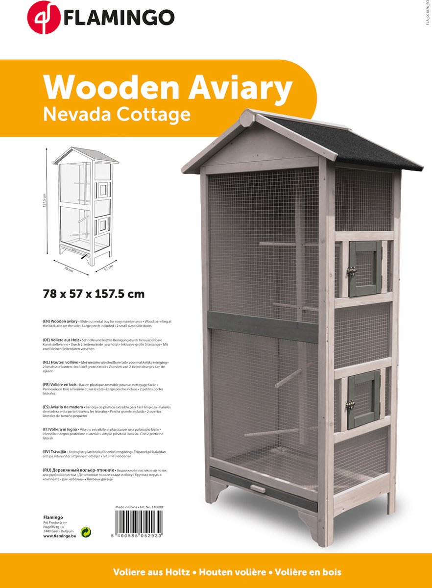 Volière Cottage Nevada Grijs – houten volière voor buiten & binnen – 78x57x157,5 cm – Flamingo vogelkooi hout thumbnail 3