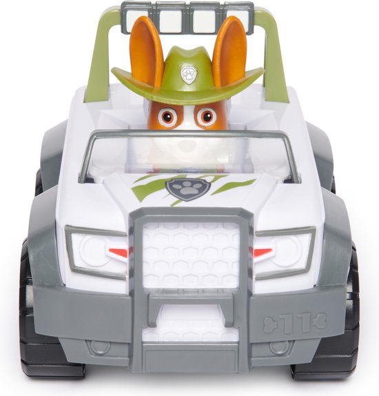 Vooraanzicht van Tracker's Jungle Cruiser Paw Patrol speelgoedauto met Tracker zittend in de auto.