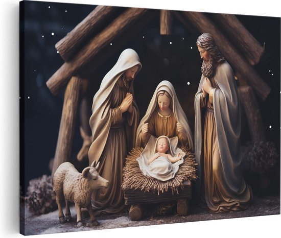 Artaza Canvas Schilderij Kerststal - Kerstmis - Jezus Christus - 120x80 cm - Groot - Wanddecoratie Woonkamer - Schilderijen - Muurdecoratie