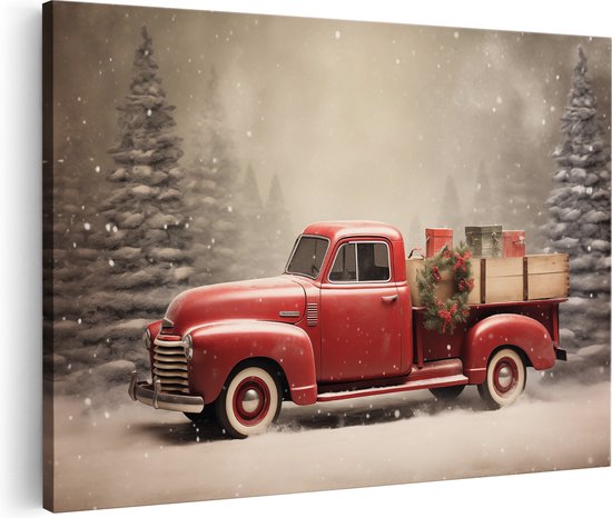 Camionnette rouge vintage avec des cadeaux de Noël dans la benne, traversant un paysage d'hiver avec des arbres enneigés.