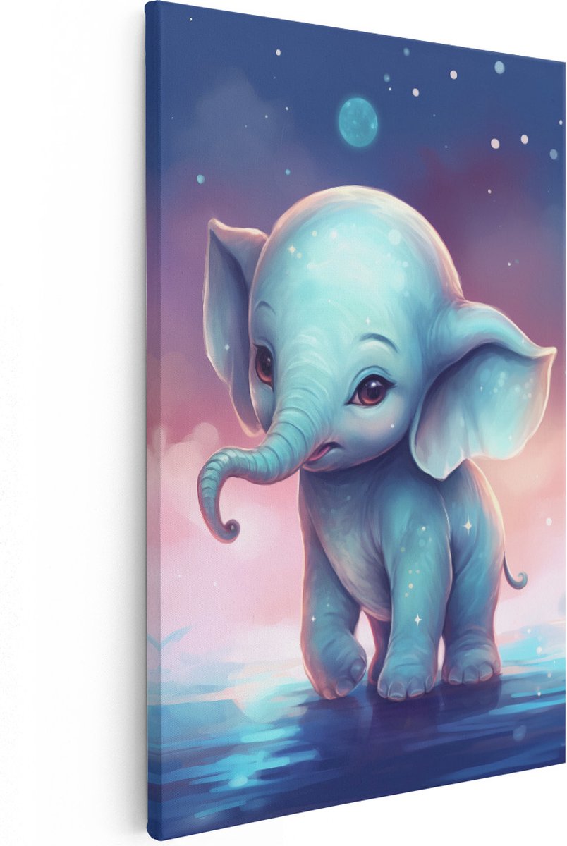 Artaza Canvas Schilderij Baby Olifant bij Volle Maan - 60x90 - Foto Op Canvas - Canvas Print - Muurdecoratie