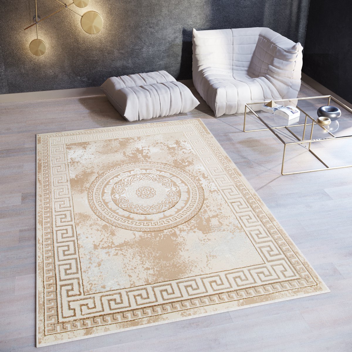 Tapiso Ares Vloerkleed Beige Frame Laagpolig Woonkamer Tapijt Maat- 160x220