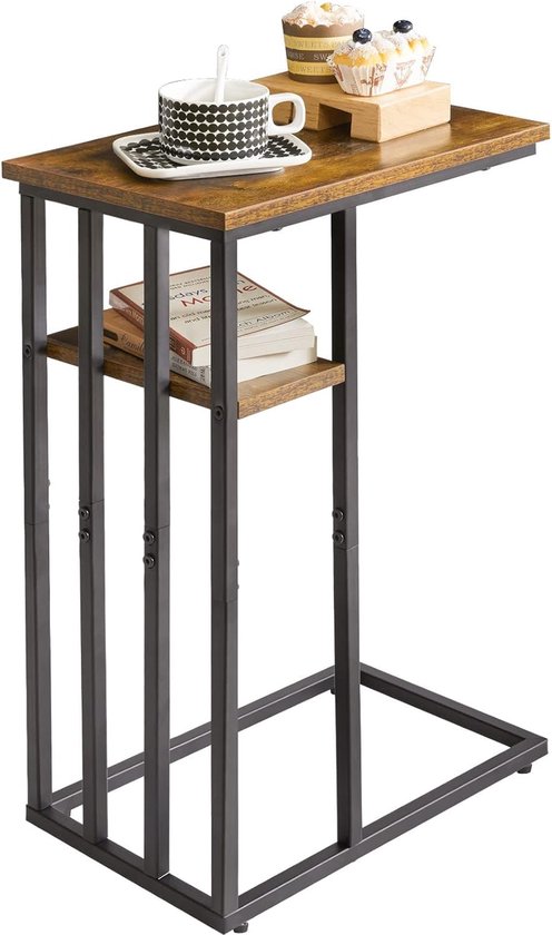 Industriële Stijl C-vormige Bijzettafel Met Opbergplank Voor Woonkamer Bruin En Zwart Bijzettafel