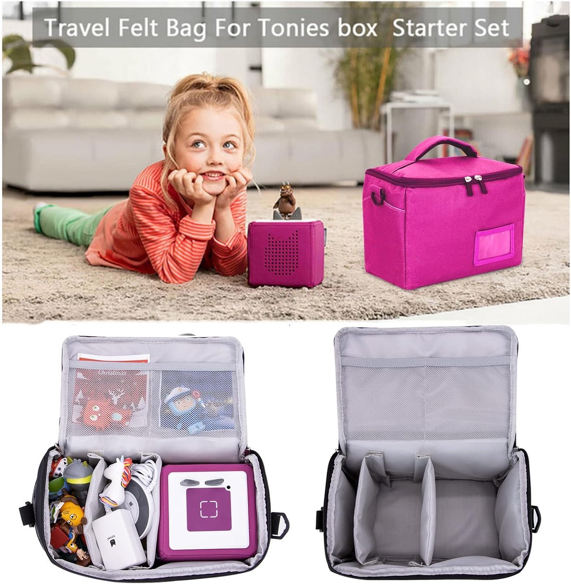 Tonie Toniebox Accessoires de rangement avec figurines de rangement,  beaucoup d'espace pour Toniebox Starter Set et Tonies Sac de transport  (gris +