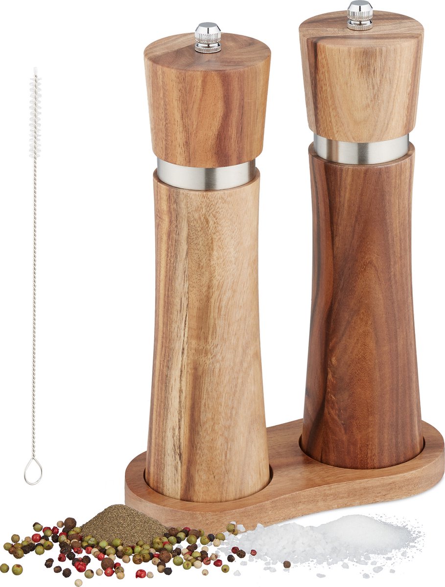houten peper en zoutmolen - set van 2 - 21 cm - handmatig - met onderzetter