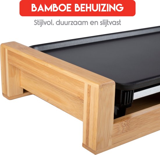alpina Teppanyaki Bakplaat 2000W - Gourmet Grillplaat XL - Tafelgrill met Instelbare Thermostaat - Grill Plaat 43 x 22,5 cm - voor 2 tot 4 Personen - Anti-Aanbaklaag - Bamboo/RVS — afbeelding 4