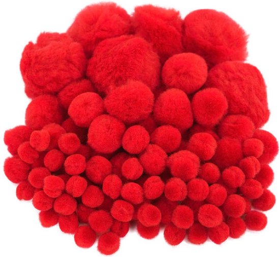 Pompons - 100x - rouge - 10-45 mm - matériel de bricolage/artisanat