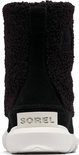 Achterkant van een zwarte Sorel snowboot met teddy-achtige schacht, suède accenten en Sorel logo.