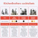 Tabel met vier KitchenBrothers cocktailsets: Basic, Basic Bamboe, Premium Acryglas en Premium Bamboe, met details over het aantal onderdelen en inhoud.