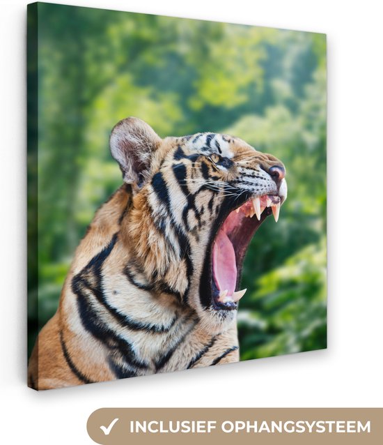 Tableau Toile Tigre - Tête - Forêt - 50x50 cm - Décoration murale