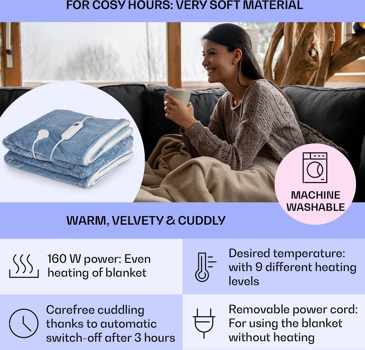 Klarstein XXL elektrische knuffeldeken, elektrische deken met automatische uitschakeling, 200x180 cm. Elektrische warmtedeken, kan in de wasmachine, dubbelzijdige elektrische deken voor bed & bank, electric heated blanket met 9 standen – foto 2