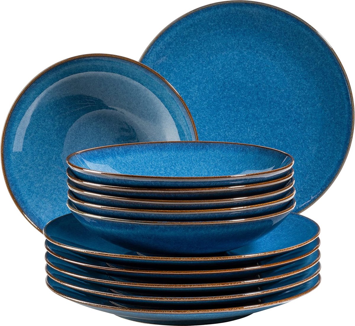 MÄSER 931946 Serie Ossia bordenset voor 6 personen in mediterrane vintage-look, 12-delig modern tafelservies met soepborden en platte borden, koningsblauw, aardewerk