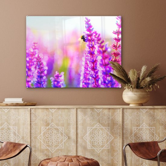 Fleurs avec Glas abeille 90x60 cm - Tirage photo sur Glas (décoration murale en plexiglas)