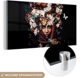 MuchoWow® Glasschilderij 160x80 cm - Schilderij acrylglas - Bloemen - Vlinder - Vrouwen - Hoofddoek - Foto op glas - Schilderijen