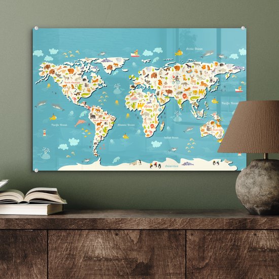 Peinture sur Verre - Carte du Wereldkaart - Enfants - Couleurs - Animaux - 60x40 cm - Peintures sur Verre Peintures - Photo sur Glas