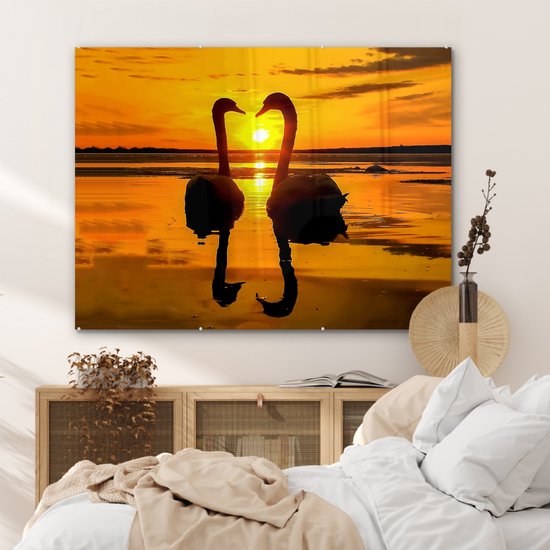 Peinture sur verre - Verre acrylique - Cygne - Coucher de soleil - Water - Vogel - Photo sur verre - 120x90 cm - Peinture sur verre oiseaux - Décoration murale - Peinture sur verre nature - Décoration murale
