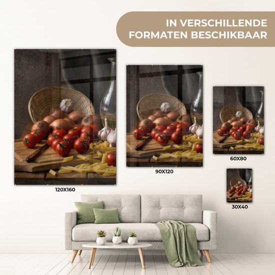 MuchoWow® Tableau sur verre 120x160 cm - Tableau sur verre acrylique - Planche à découper - Légume - Nature morte - Pâtes - Oignon - Tomate - Planche à découper - Photo sur verre - Décoration murale salon - Décoration murale chambre - Peintures