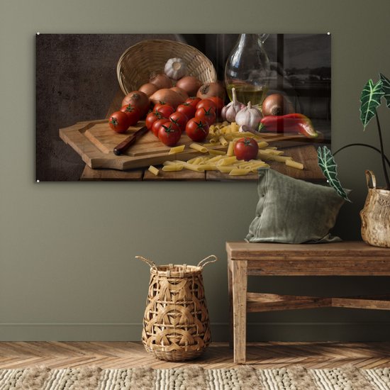 MuchoWow® Tableau sur verre 120x60 cm - Tableau sur verre acrylique - Planche à découper - Légume - Nature morte - Pâtes - Oignon - Tomate - Planche à découper - Photo sur verre - Décoration murale salon - Décoration murale chambre - Peintures