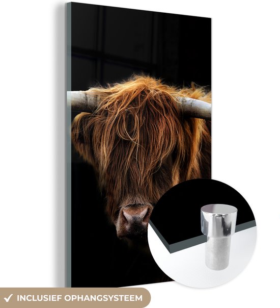 Peinture sur verre Scottish Highlander - Cornes - Zwart - Animaux - Vache - Salon - 60x90 cm - Photo sur verre - Décoration murale verre - Décoration chambre - Assiette en verre - Décoration murale