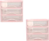 Plasticforte ladeblokje/bureau organizer - 2x - 3 lades - transparant/roze - L18 x B21 x H17 cm