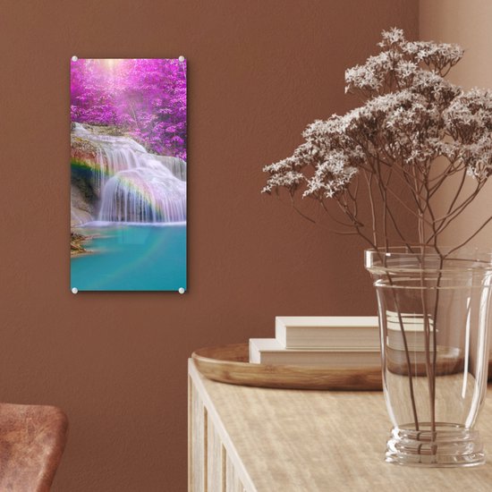 MuchoWow® Peinture sur verre 20x40 cm - Peinture sur verre acrylique - Cascade - Arbres - Arc-en-ciel - Violet - Photo sur verre - Peintures