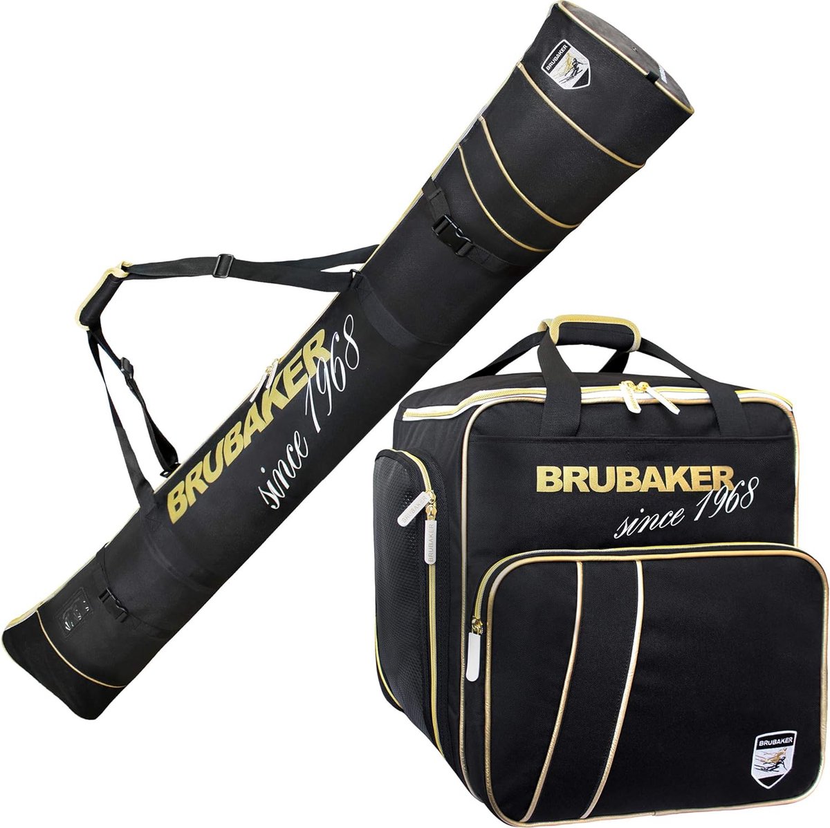BRUBAKER Combi Set Grenoble - Skitas en Skischoen tas - voor 1 paar Ski's en Stokken tot 190 cm - Skischoenen en Helm - Zwart Goud