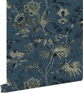Papier peint ESTAhome fleurs vintage bleu foncé et vert olive - 139315 - 0,53 x 10,05 m