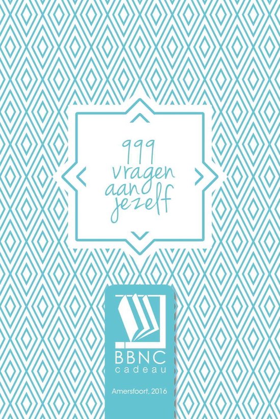 Boek met de titel '999 vragen aan jezelf' op een blauw ruitpatroon en een logo.