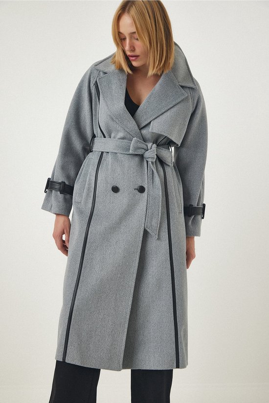 Happiness Istanbul Manteau long cache cache en laine de cuir gris de qualite. bol